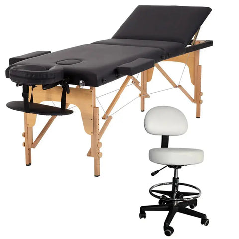מיטת טיפולים מתקפלת ומתכווננת מעץ מלא + כסא טיפולים לבן