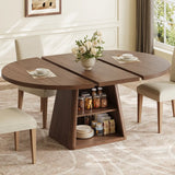 שולחן אוכל עגול נפתח 110–150 ס״מ עם בסיס אחסון פתוח – מבט בפינת אוכל