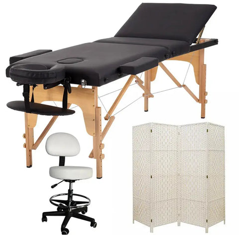 מיטת טיפולים מתקפלת ומתכווננת מעץ מלא + כסא טיפולים לבן + פרגוד קש 200*180