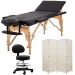 מיטת טיפולים מתקפלת ומתכווננת מעץ מלא + כסא טיפולים שחור + פרגוד קש 200*180