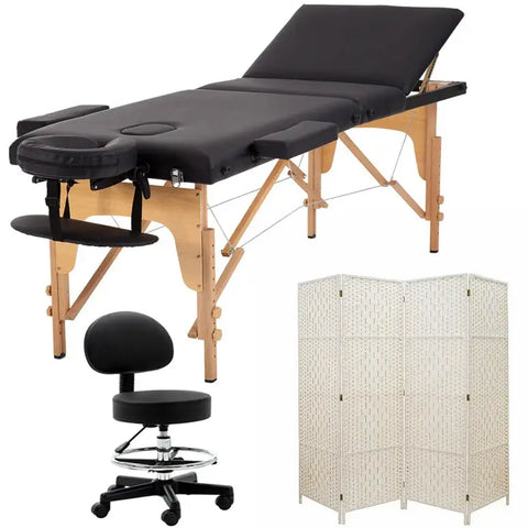מיטת טיפולים מתקפלת ומתכווננת מעץ מלא + כסא טיפולים שחור + פרגוד קש 200*180