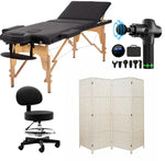 מיטת טיפולים מעץ + כסא טיפולים שחור + פרגוד 200*180 + אקדח עיסוי