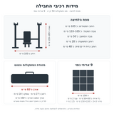 מידות ספת הלחיצה ומזוודת המשקולות, ותשעה אריחי גומי בפריסה 150×150 ס״מ בשטח 2.25 מ״ר
