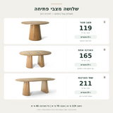 שולחן אוכל עגול נפתח – שלושה מצבים: קוטר 119 ס״מ, אורך 165 ס״מ ואורך 211 ס״מ