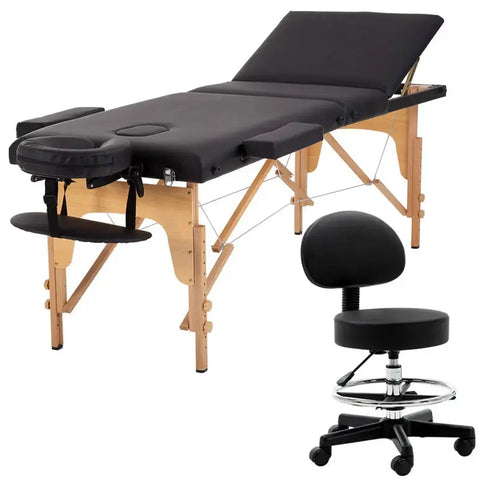 מיטת טיפולים מתקפלת ומתכווננת מעץ מלא + כסא טיפולים שחור